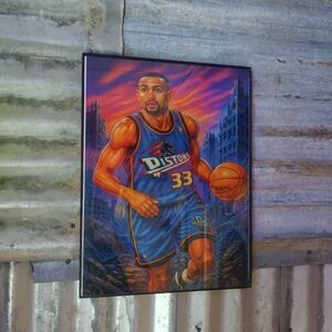 Grant Hill Vintage NBA Detroit Pistons Airbrushed Style Framed Art Print